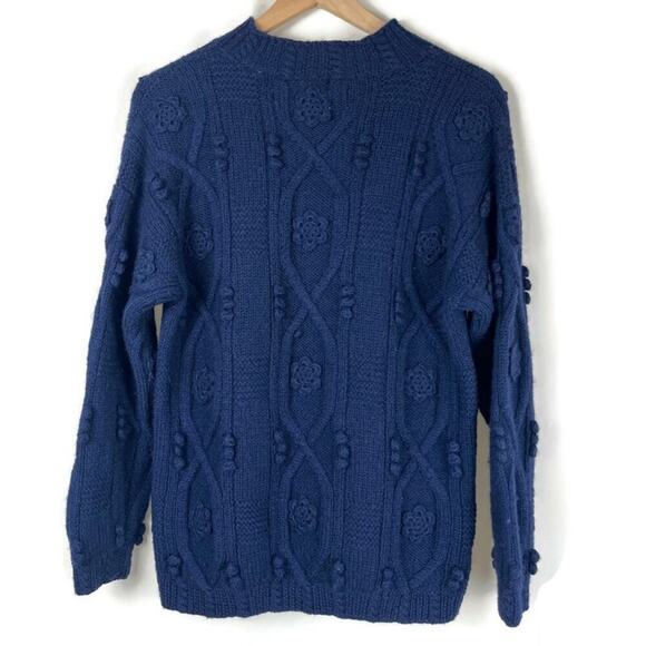 Women's 100% Wool Bobble Cable Sweater Blue Size S SIGNATURE by NORTHERN ISLES - Picture 2 of 7